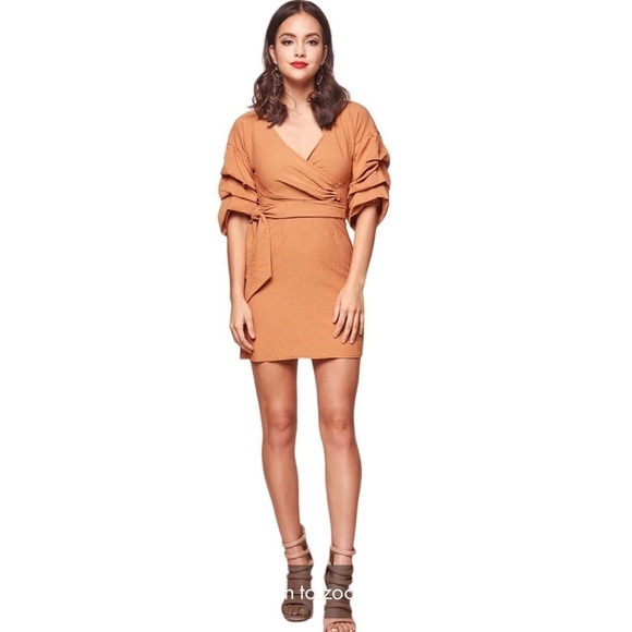 Selfie Leslie DANIELLE RUCHED SLEEVE WRAP DRESS TAN Size Small - Picture 2 of 12